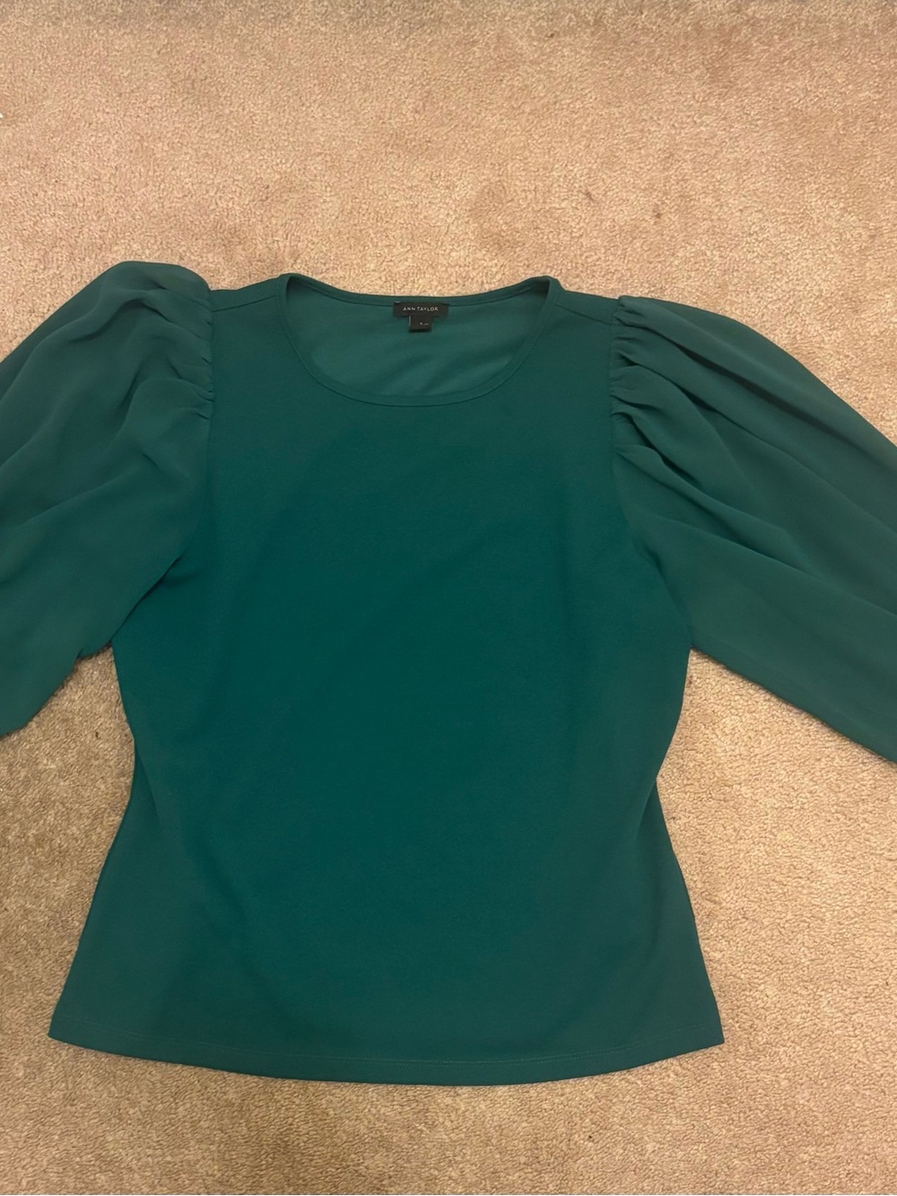 Ann Taylor Dark Green Puff-Sleeve Blouse